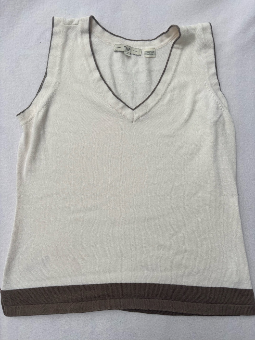 Pilia Cream V-Neck Sleeveless Tank with Brown Trim